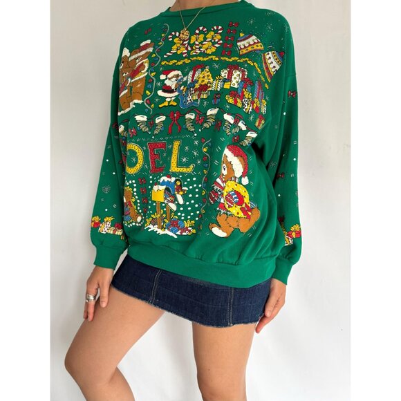 80s vintage green christmas teddy bear graphic ugly holiday pullover sweater - Picture 4 of 9
